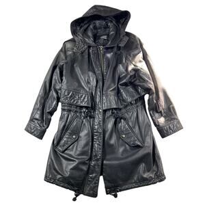 Zenia Womens Medium Black Leather Long Coat Hood Thermolite Lined